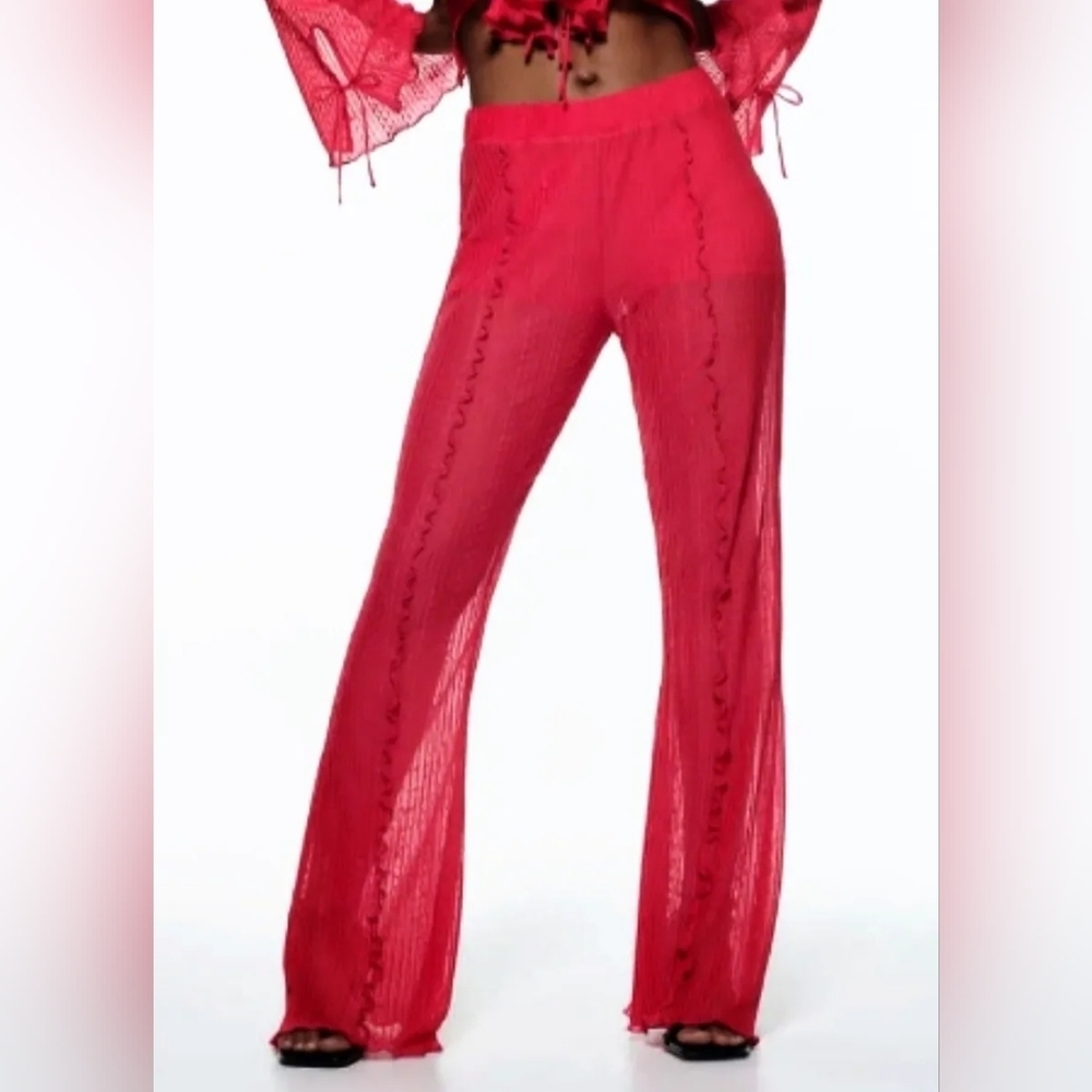 Zara Pink Wide Leg Ruffle Detail Pants W/Elastic Waistband & Shorts Underneath